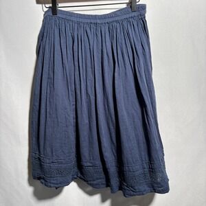 Navy Blue 100% Cotton Knee Length Skirt Eyelet Cottage Core Boho Elastic Waist M